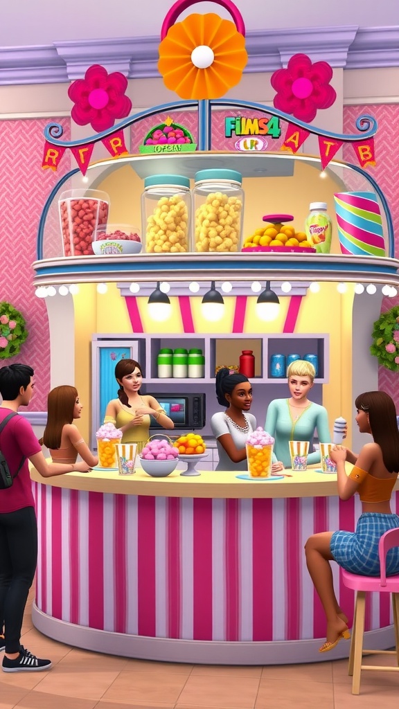 A colorful CC snack bar in The Sims 4 with Sims enjoying snacks.